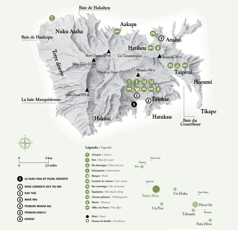 Carte illustrée de Nuku Hiva avec ses baies, ses villages et ses sites
