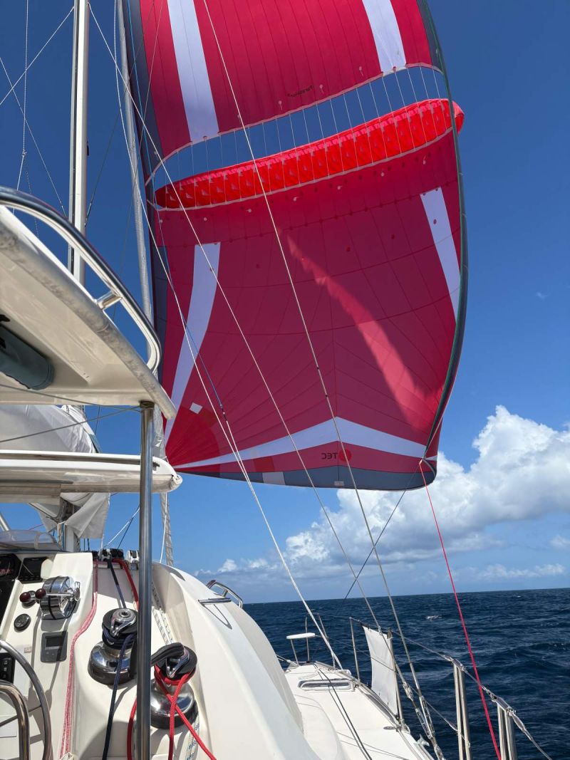 Spi Parasailor rouge envoyé sur le catamaran