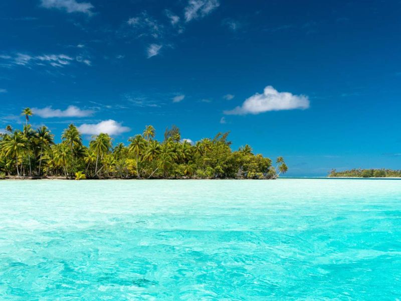 Motu couvert de cocotiers au bord d'un lagon turquoise